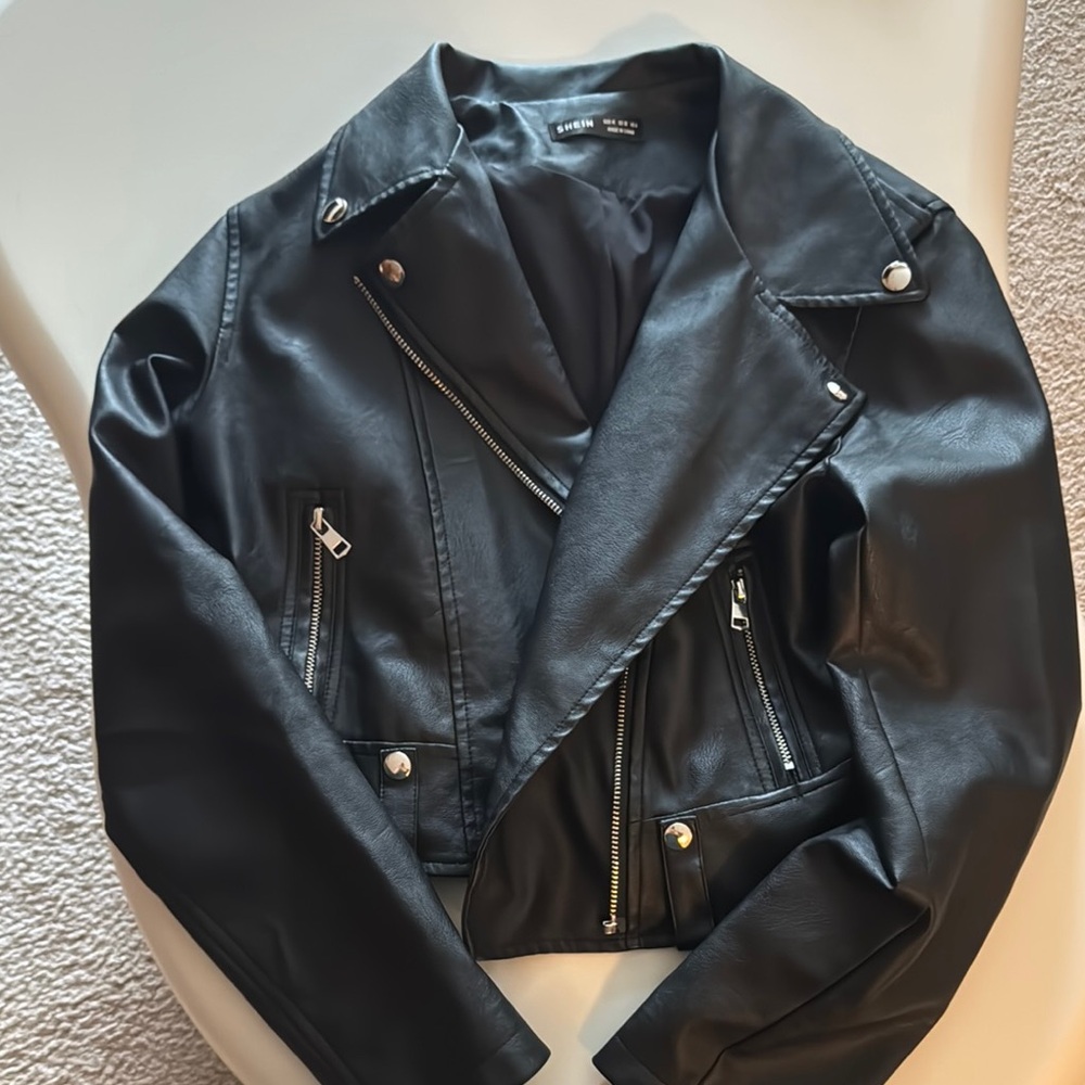 SHEIN Black Leather Motorcycle Jacket with Silver Zippers
